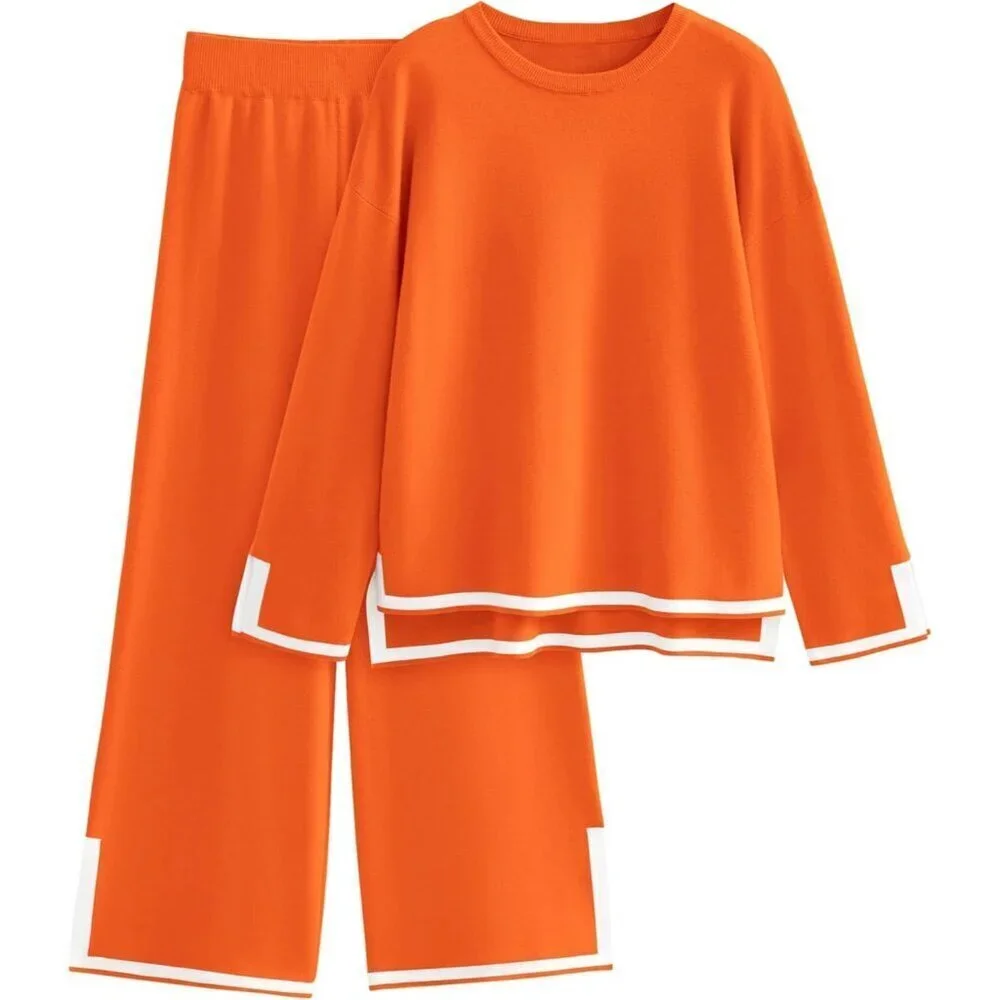 Women's Orange Long Sleeve Knit Sweater Top & Wide Leg Pants Lounge Set